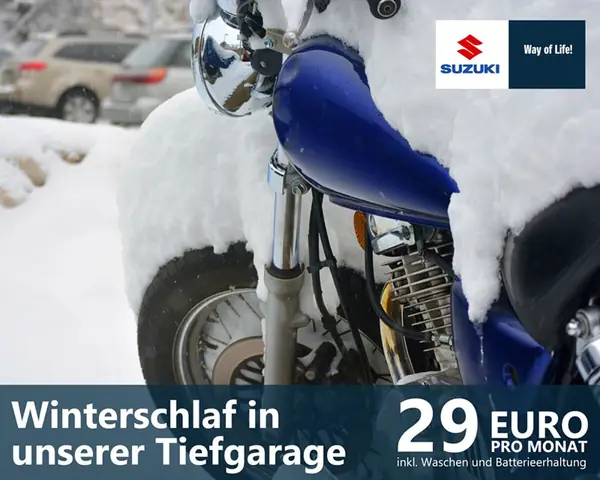 Motorrad im Schnee – Winterschlaf in unserer Tiefgarage, 29 Euro pro Monat inklusive Waschen und Batterieerhaltung