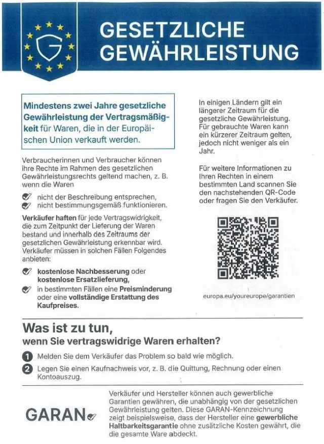 Hinweis zur gesetzlichen Gewährleistung: mindestens zwei Jahre gesetzliche Gewährleistung für Waren in der EU